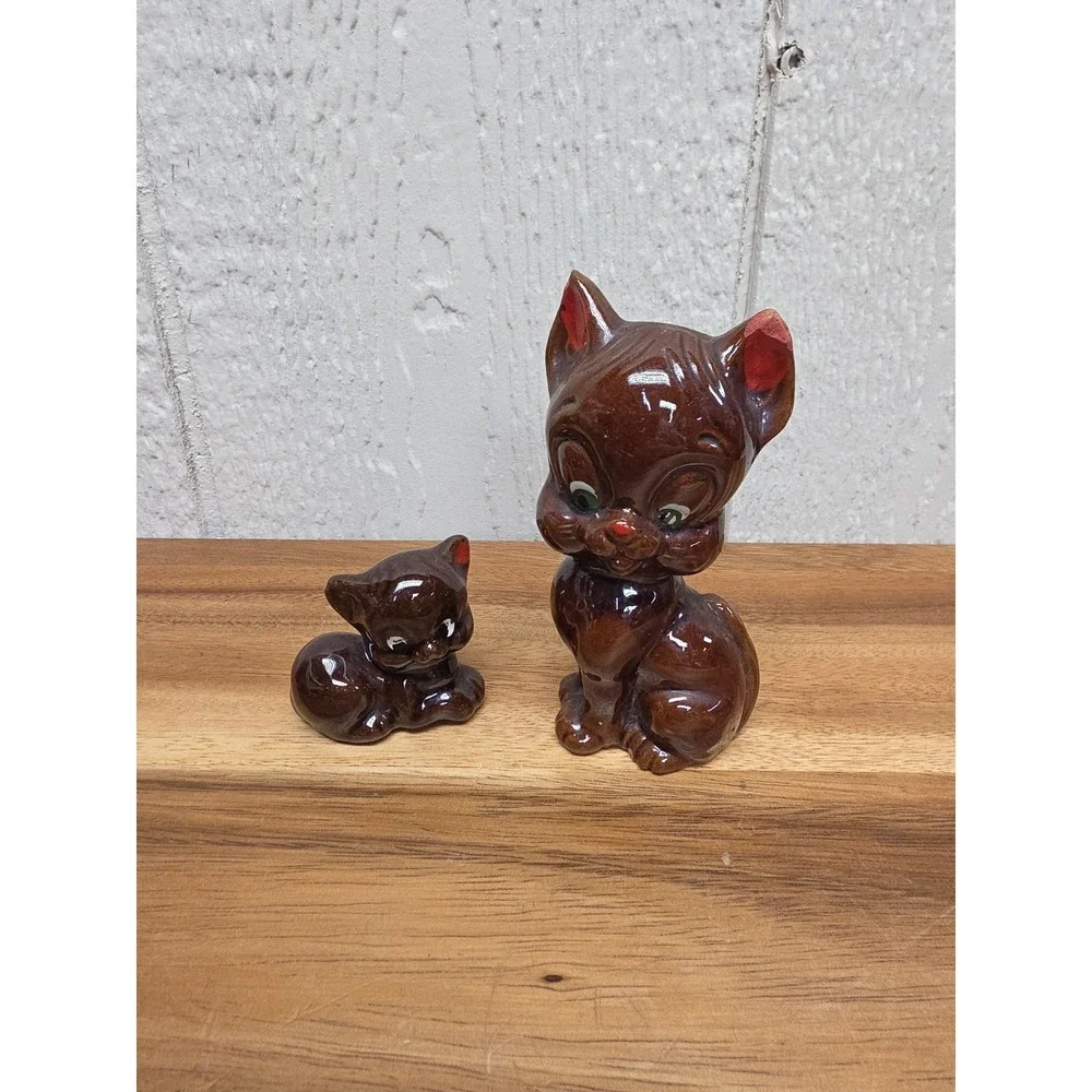 VTG - Red Clay Brown Glazed Mama Cat & Kitten Duo- Japan - VGC